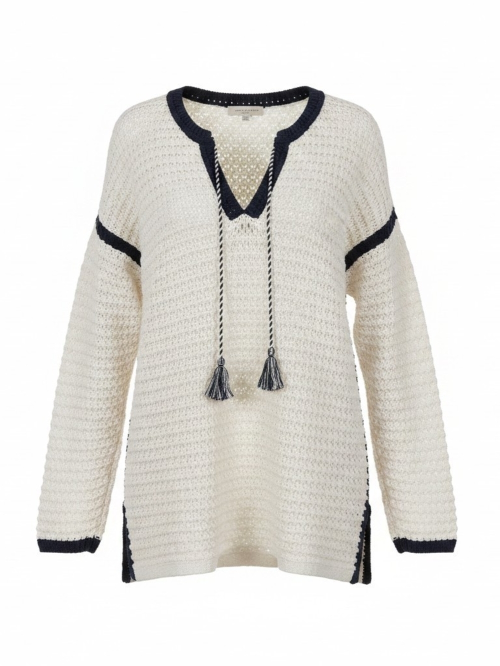 Martha Stewart Cream Knit Tassel V-Neck Sweater with Navy Trim NWT XL